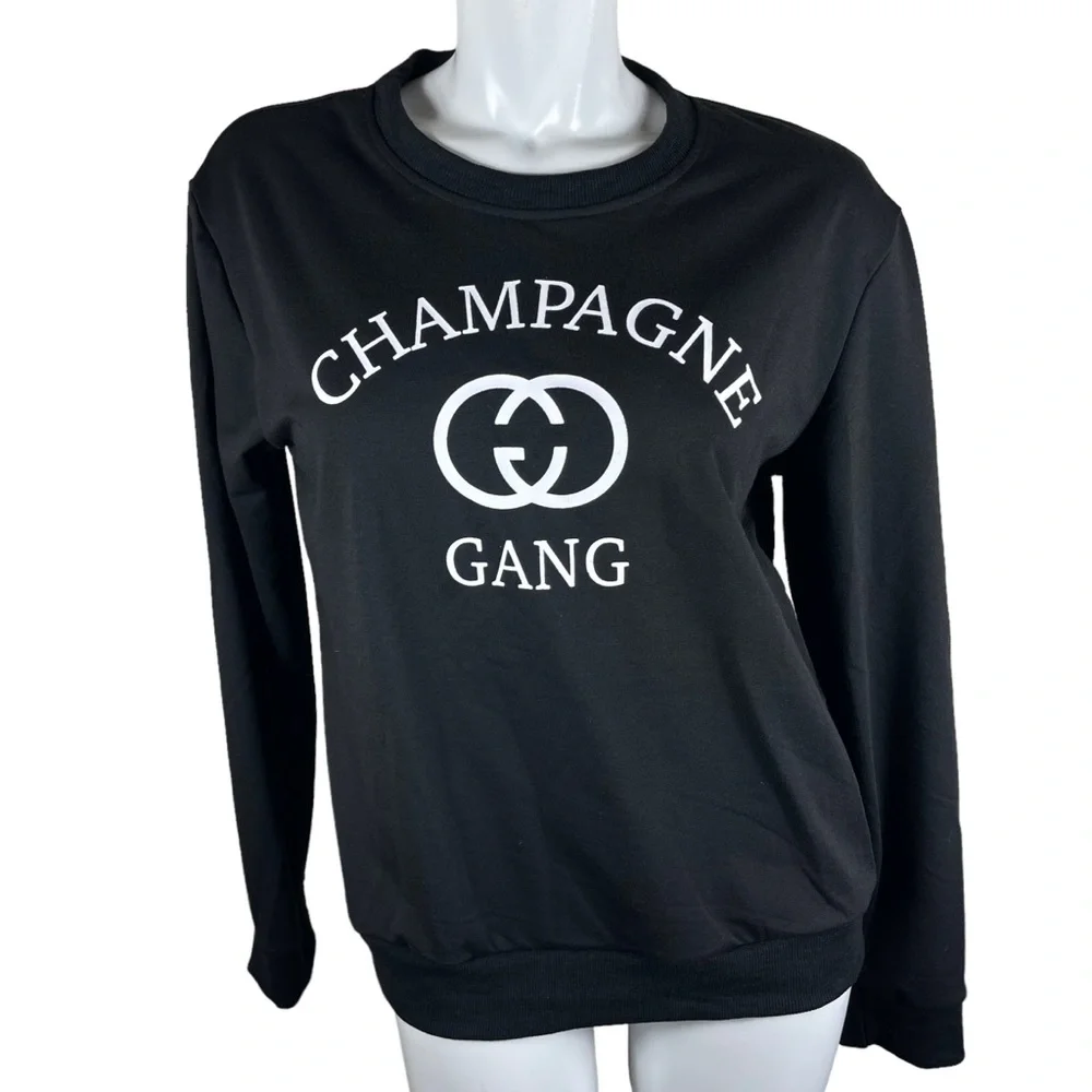 "Champagne Gang" Lightweight Black and White Long Sleeve Sweatshirt Size Large - Picture 5 of 6